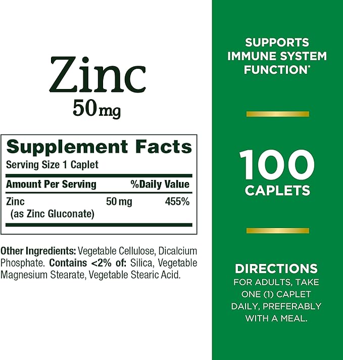 Nature's Bounty Zinc, Supports Immune System Function, Dietary Supplement, 50 mg, Caplets, 100 Ct (Pack of 2)