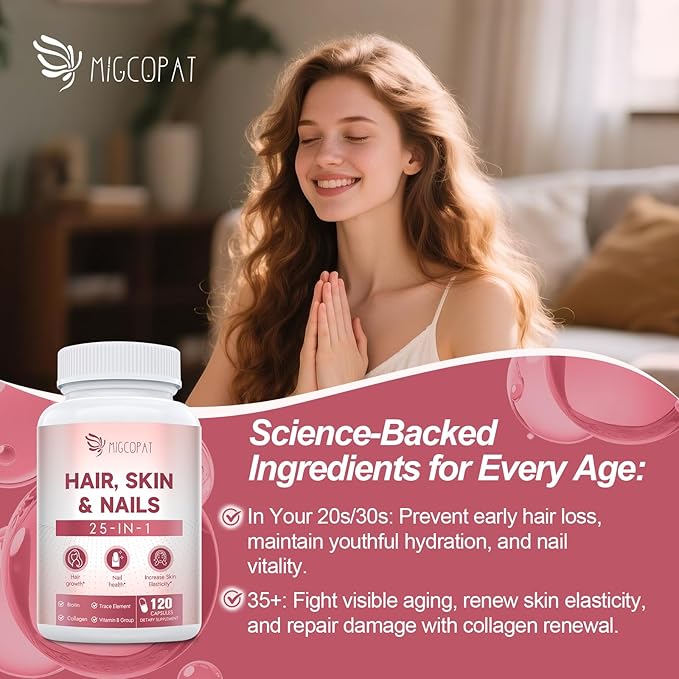 Biotin | Collagen | Vitamin, 25-in-1 Formula Hair, Skin & Nails Supplement with Vitamin B, C, D3, E, Folate, Iron - Supports Hair Growth, Skin Health, Nail Strength for Women
