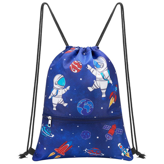 WAWSAM Space Drawstring Bag - Waterproof Drawstring Backpack Swim Pool Bag for Boys Kids Beach Gym Bag Sport String Bag Shopping Swimming Travel Sackpack with Zipper Pocket Lightweight