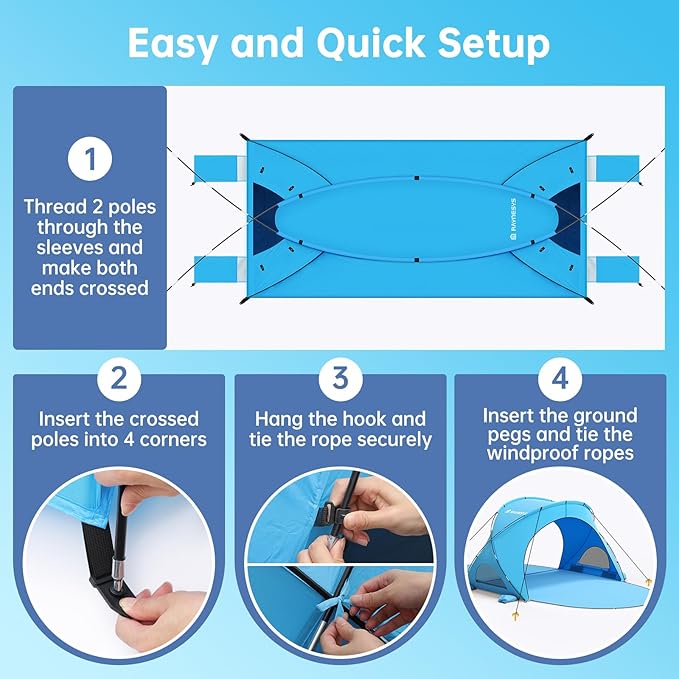 Beach Tent Sun Shelter, Beach Shade Tent with UPF50+ UV Protection, Beach Sun Shelter, Beach Shade with 2 Zippered Doors, Portable Beach Tent for Beach Camping Fishing