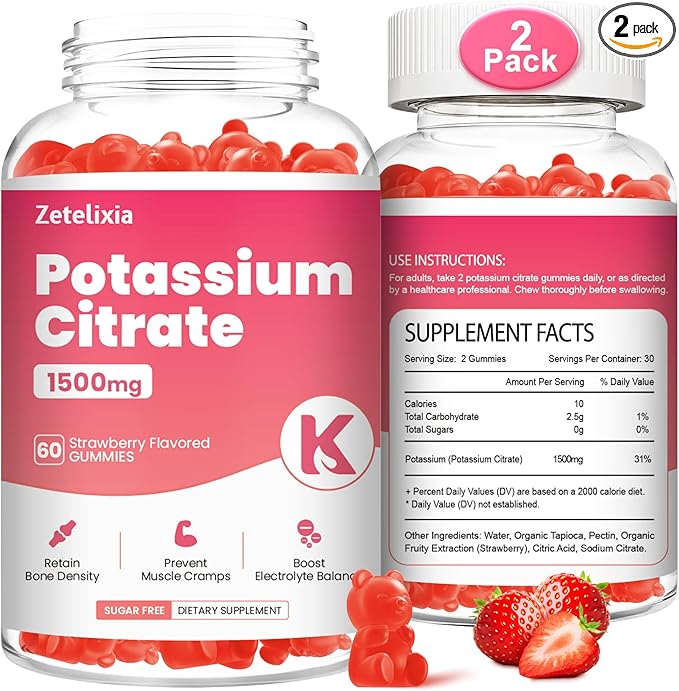 2 Pack Potassium Gummies for Adults Women & Men, Potassium Citrate Supplement, Support Leg Cramps, Muscle Health & Electrolyte Balance, Sugar Free, Organic, Vegan, Strawberry, 120 Cts