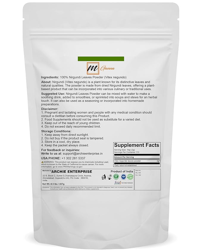 mGanna Nirgundi Leaves Powder (Vitex negundo) for Herbal & Personal Care Use 227 g / 0.5 lbs
