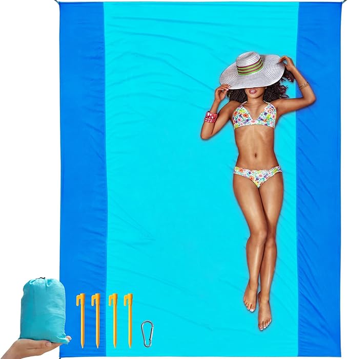 Beach Blanket Sandproof, Extra Large Beach Mat 120'' x 106'' Oversized Big & Compact Travel Mat Quick Drying, Lightweight, Pockets Picnic Mat for Beach, Camping, Hiking
