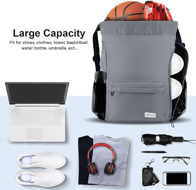 Drawstring Backpack with Mesh Pockets String Gym Bag Sackpack Sandproof Water Resistant Beach Backpack for Men Women