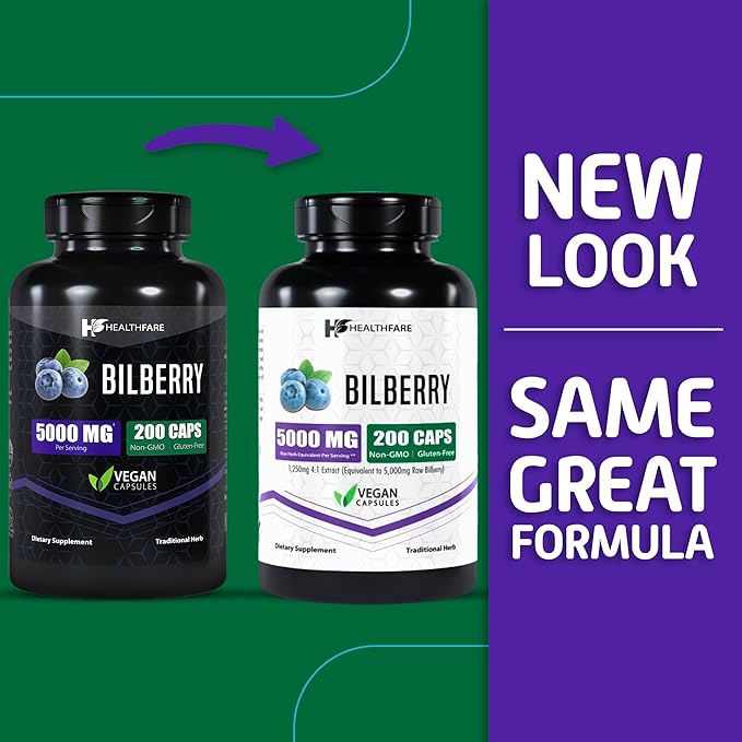 Bilberry Extract 5000mg | 200 Veg Capsules | Extra Strength | Made in USA | Non-GMO| Gluten-Free