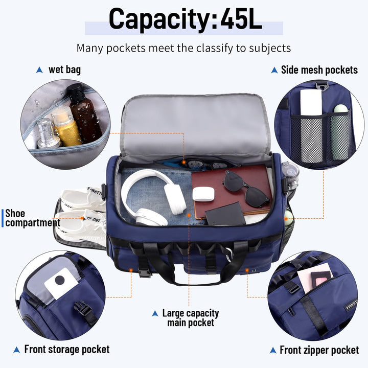 FIORETTO Women's Men's Water-Resistant Gym Duffle Bag with Shoes Compartment, 45L Capacity, Multi-Functional, Ideal for Travel, Gym, Sports, Weekender, Navy Blue