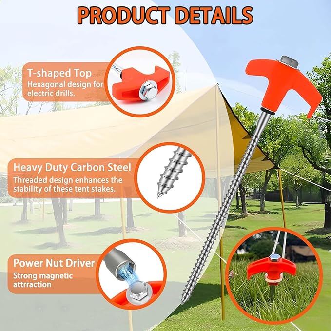 8 Pack 8" Screw in Tent Stakes Heavy Duty Ground Anchors, Tent Pegs Metal Tent Spikes Camping Tent Stakes with Hex Head Driver & Nail Extractor for Outdoor, Camping, Canopy, Gardening, Beach
