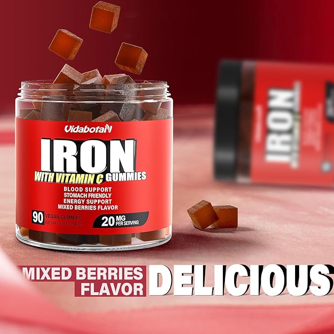 Sugar Free Iron Gummies for Women Men & Kids-Iron Supplement 20mg with Vitamin C for Iron Deficiency, No Rust Taste, Gentle Iron for Stomach, Mixed Berries Flavor, 90 Vegan Gummies.