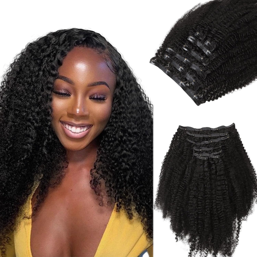 Lashey Seamless Clip In Hair Extensions Human Hair Afro Kinky Curly 7Pcs 110G Hair Extension Clips For Black Women 14 Inch Natur