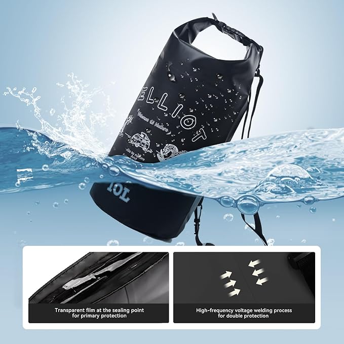 10L Waterproof Dry Bag Tough & Water-repellent Storage Bag with Adjustable Shoulder Strap Lightweight Portable Shoulder Dry Bags for Kayaking Boating Camping Black