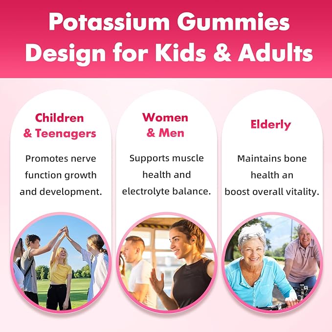 Potassium Gummies for Women & Men, High Dose Potassium Supplement 2000mg Supports Muscle Cramps & Electrolyte Balance, Raspberry Flavor 60 Count