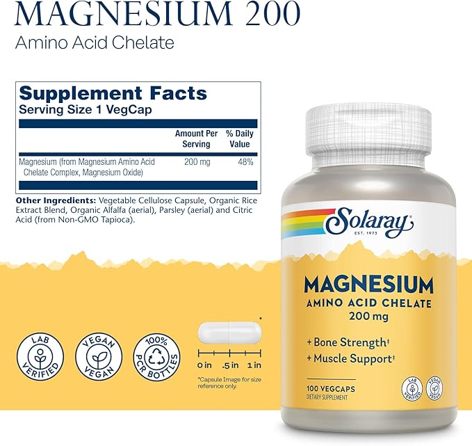 Solaray Magnesium Amino Acid Chelate, Healthy Bone Strength, Muscle, Nerve & Cardiovascular Support, 100 VegCaps