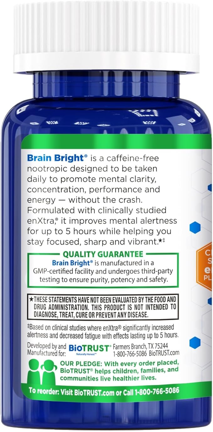 BioTrust Brain Bright – Daily Nootropic Boost for Focus, Concentration, Mental Clarity – Caffeine Free Nootropics Brain Support Supplement – Thai Ginger, Ginkgo, Folate, L-Theanine – 30 Servings