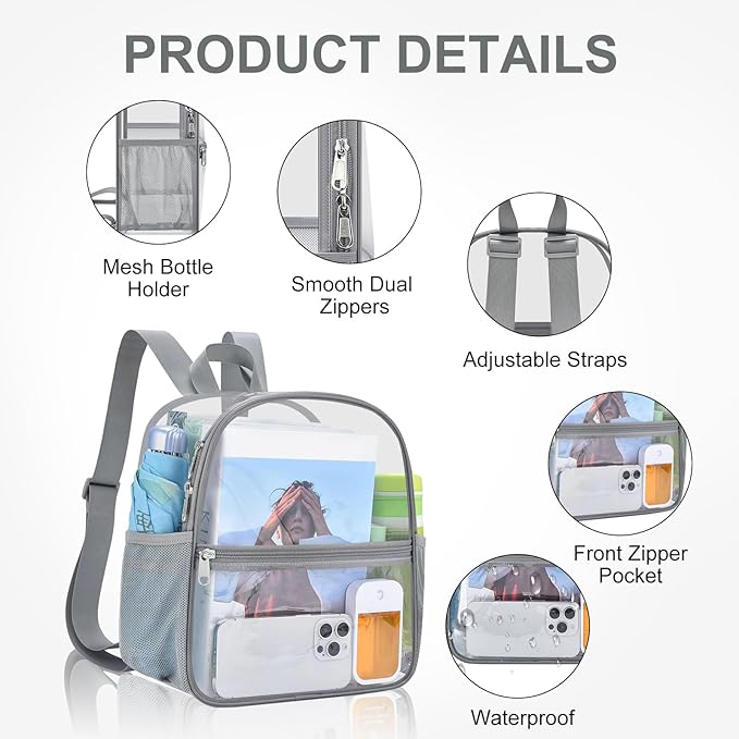 USPECLARE Clear Backpack Stadium Approved 12X11x6, Waterproof Clear Bag Stadium Backpack for Concert Work Sport Event