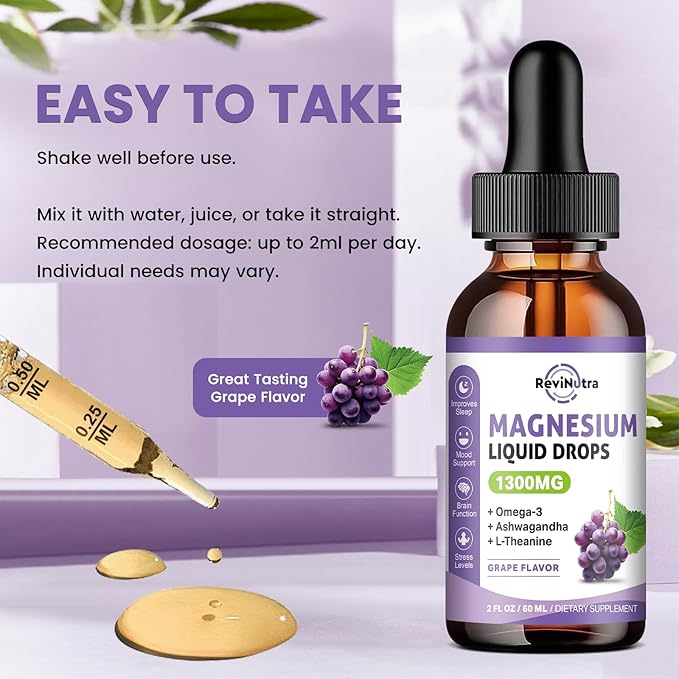 Triple Magnesium Complex Liquid Drops - 1300mg Magnesium Glycinate, Taurate & Citrate with Omega3, L-Theanine, Ashwagandha, Potassium - Support Sleep, Nerve, Immune, Energy - Grape Flavor, 2 Fl OZ