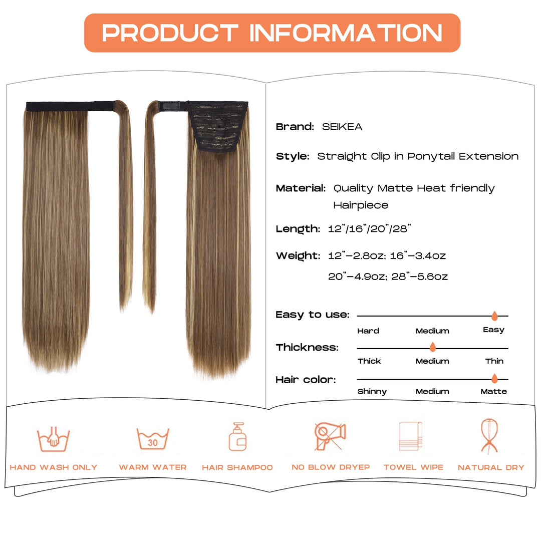 SEIKEA Clip in Ponytail Extension Wrap Around Long Straight Ponytail Natural Soft Synthetic Hairpiece for Women 28 Inch- Brown Ash Blonde Mix
