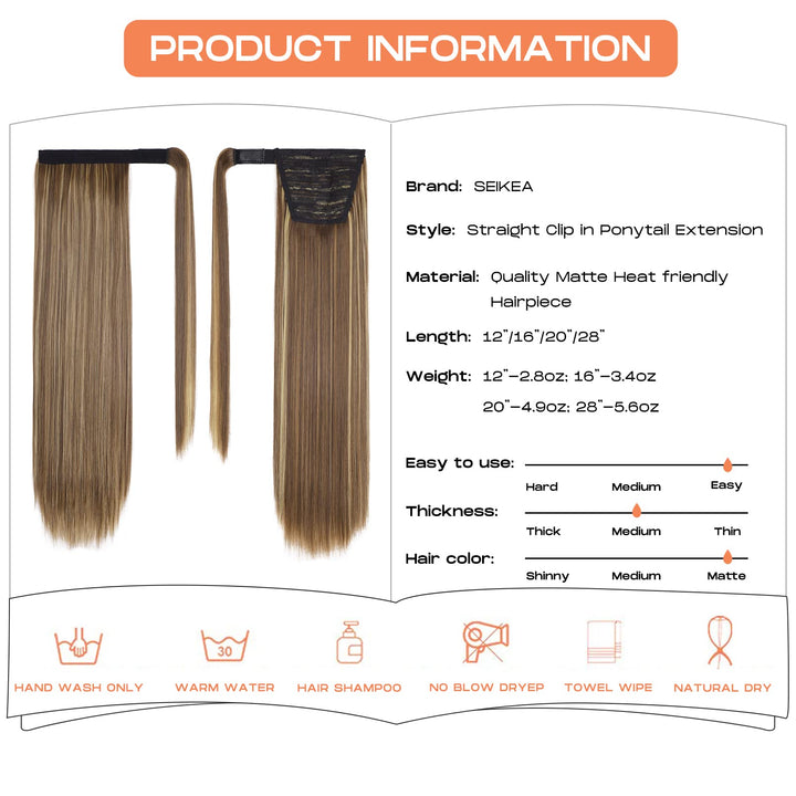 SEIKEA Clip in Ponytail Extension Wrap Around Long Straight Ponytail Natural Soft Synthetic Hairpiece for Women 28 Inch- Brown Ash Blonde Mix