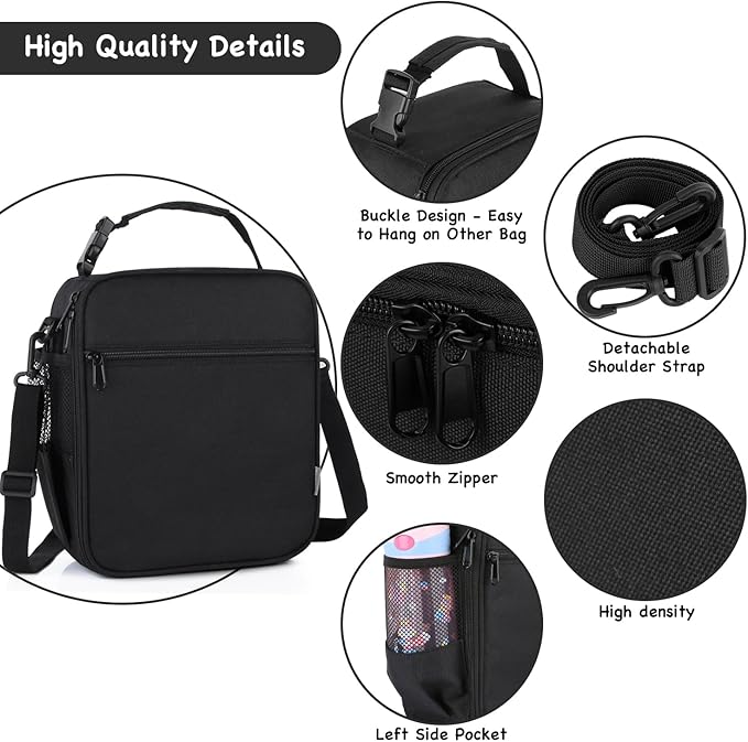 Kids Insulated Lunch Box Bag, Thermal Picnic Cool Bags with Adjustable Strap for Adults Children Women Men Boys Girls School Work (Black)