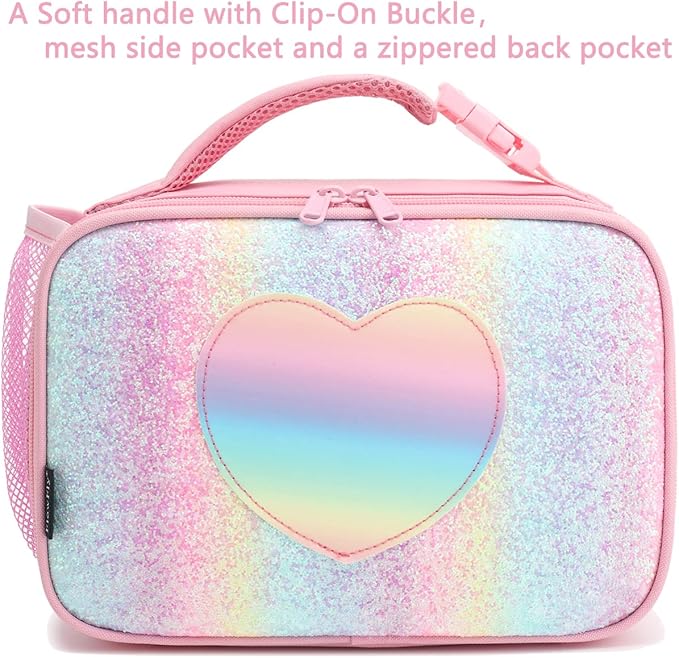 FlowFly Kids Lunch box Insulated Soft Bag Mini Cooler Back to School Thermal Meal Tote Kit for Girls, Boys, Glitter-RainBow