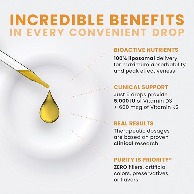 Pure TheraPro Rx Vegan D3 + K2 Organic 100% Liposomal 10ml Made in USA | 3 Month Supply | Maximum Absorption Vitamin D3 and Vitamin K2 Supplements for Men and Women, D3 Vitamin 5000 IU