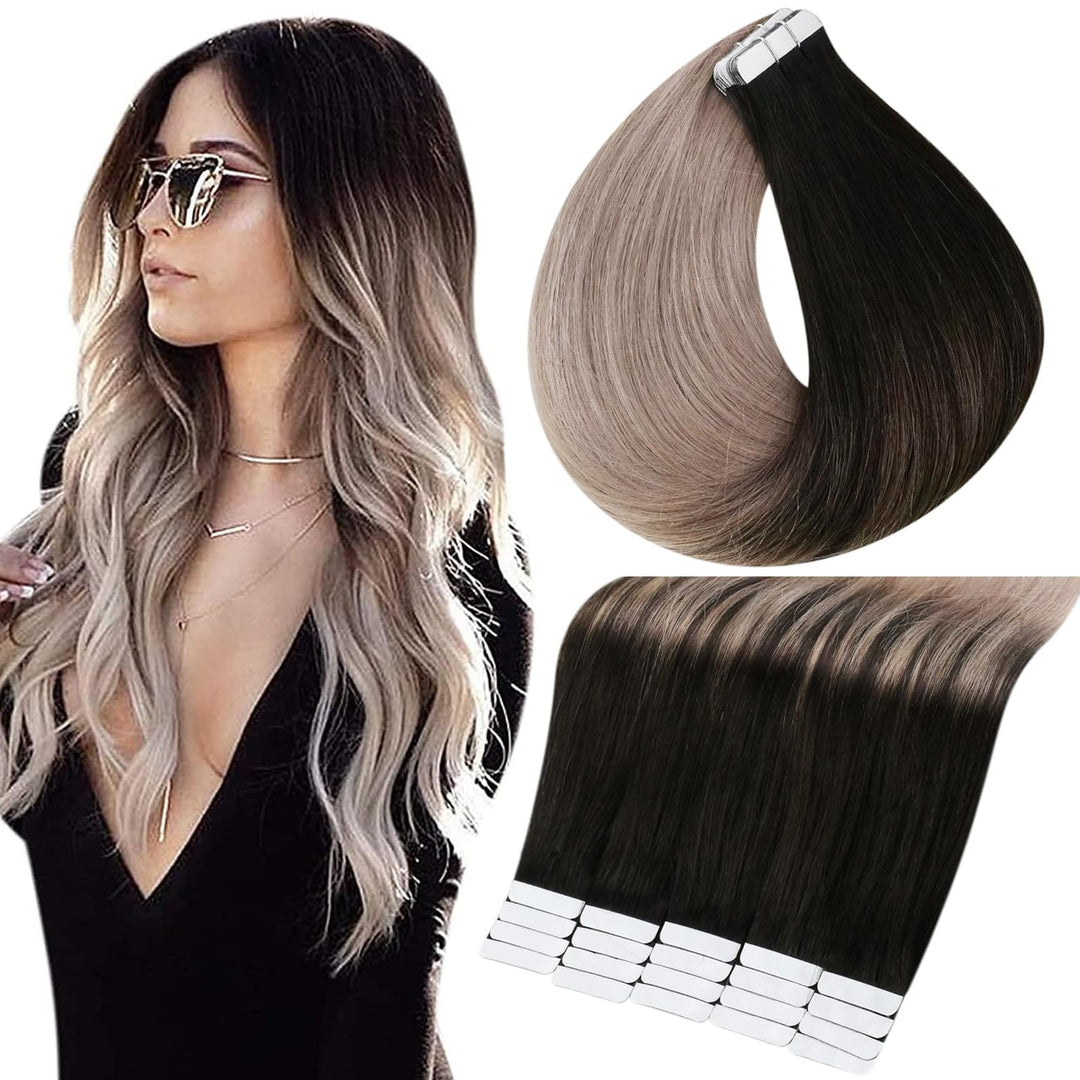 Full Shine Tape in Hair Extensions Human Hair Silky Straight Tape Extensions 12Inch Balayage Real Human Hair Tape in Extensions Off Black Ombre Ash Blonde Seamless Skin Weft Hair Extensions 30G 20Pcs