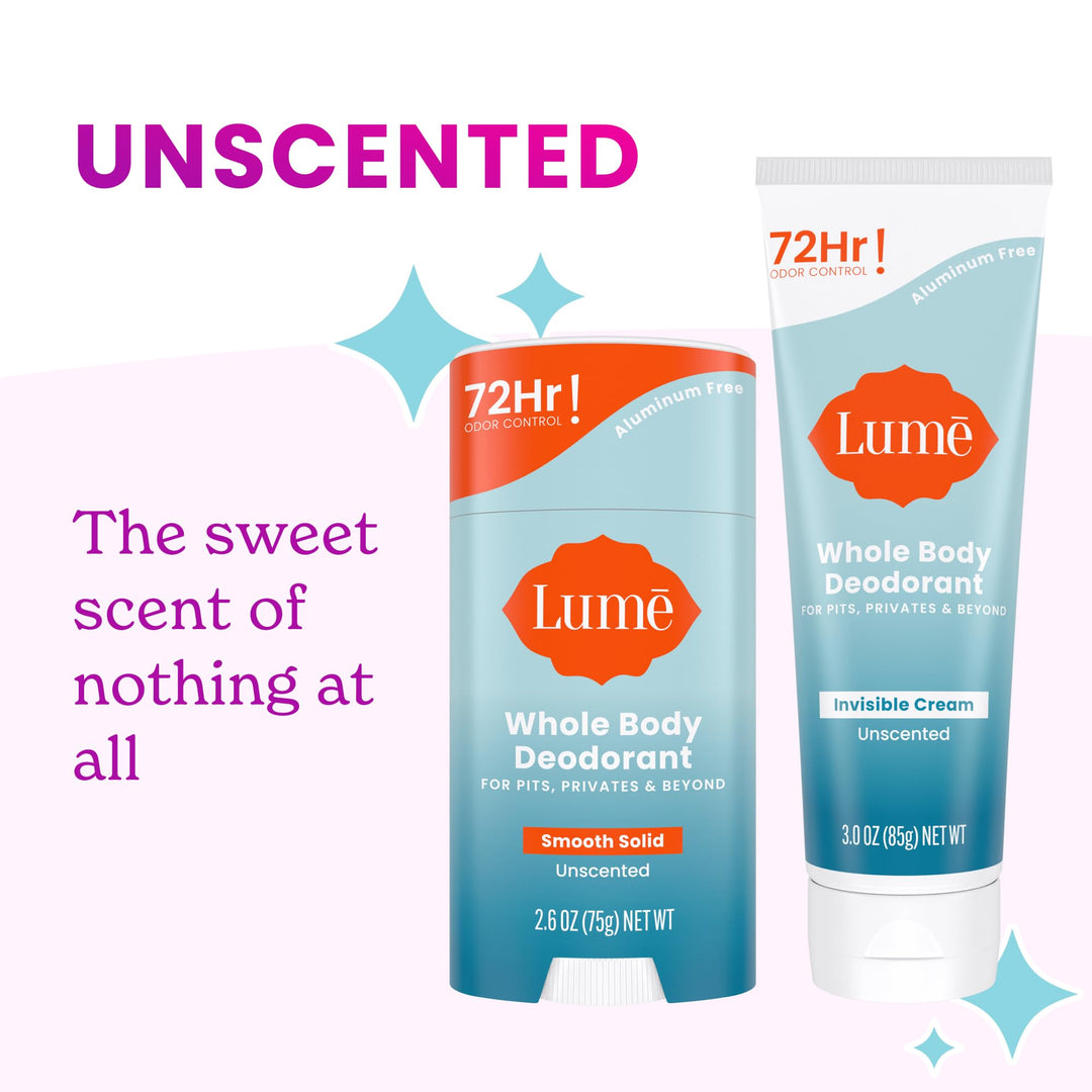 Lume Whole Body Deodorant - Invisible Cream and Solid Unscented - 72 Hour Odor Control - Aluminum & Baking Soda Free, Skin Safe - 3 oz Cream & 2.6 oz Solid Bundle