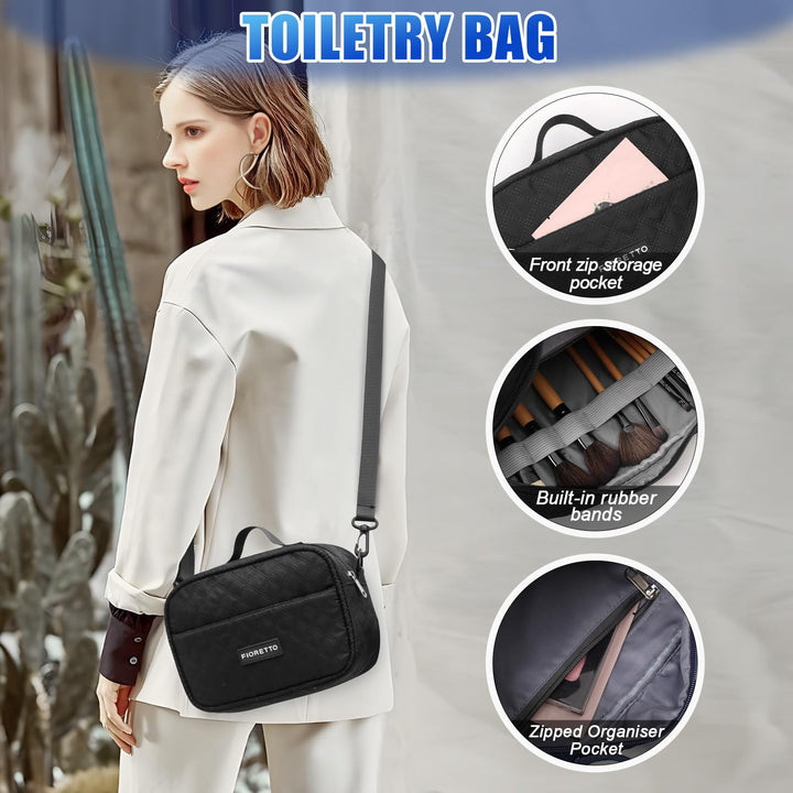 FIORETTO Women's Water-Resistant Travel Gym Duffle Bag with Detachable Strap, Multi-Functional, Ideal for Travel, Gym, Sports, Weekender, DUffel, with Toiletry Bag, Black