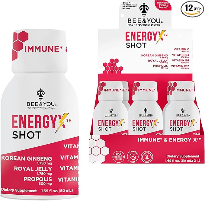 Bee and You Energy X Shot, 12 Pack, Korean Red Ginseng, Royal Jelly, Propolis, Caffeine Free Energy Drink, Vitamin C, B3, B6, B12, Immune Support Supplement, Antioxidants, Pomegranate Flavor