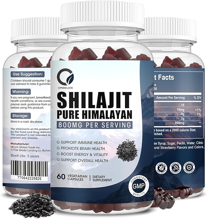 Pure Himalayan Organic Shilajit Gummies - 800 mg Natural Organic Shilajit Resin with 85+ Trace Minerals, Fulvic Acid & Phytonutrients - for Energy, Immune Support - 60 Gummies, 1 Month Supply