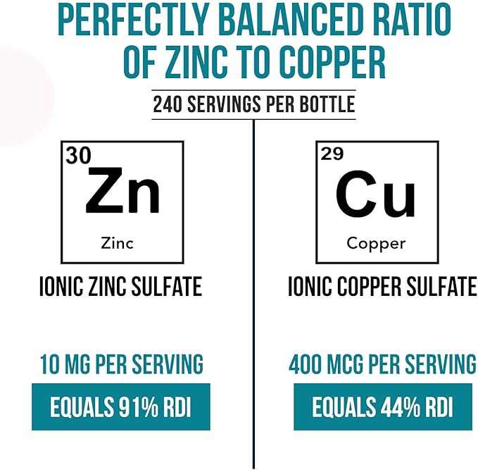 Ionic Zinc Plus Copper Liquid Concentrate 240 Servings, Glass Bottle, Vegan - Balanced Ratio of Zinc Copper - Supports Immunity, Brain Thyroid (2 oz.)