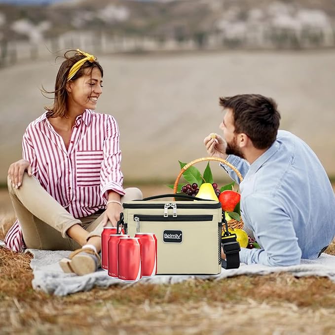 BEIMILY Lunch Box for Men/Women,Small Insulated Lunch Bag,Reusable LunchBox for work Picnic Beach,Leakproof Soft Cooler Tote Bag Organizer with Adjustable Shoulder Strap for Adults (Light Khaki)