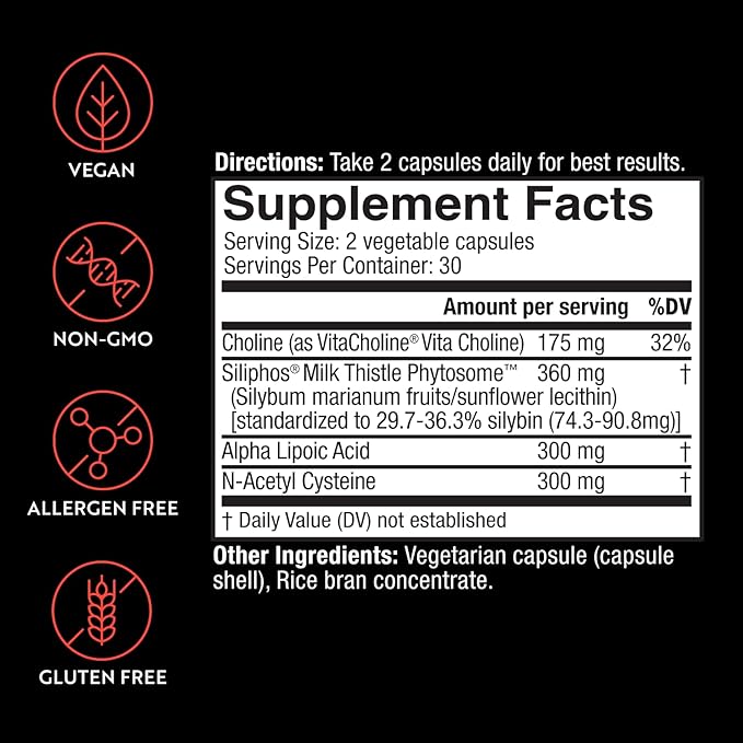 Liver Detox with 360 mg Milk Thistle Supplement with Alpha Lipoic Acid, Choline and NAC, Supports Healthy Liver Function, 60 Veggie Caps