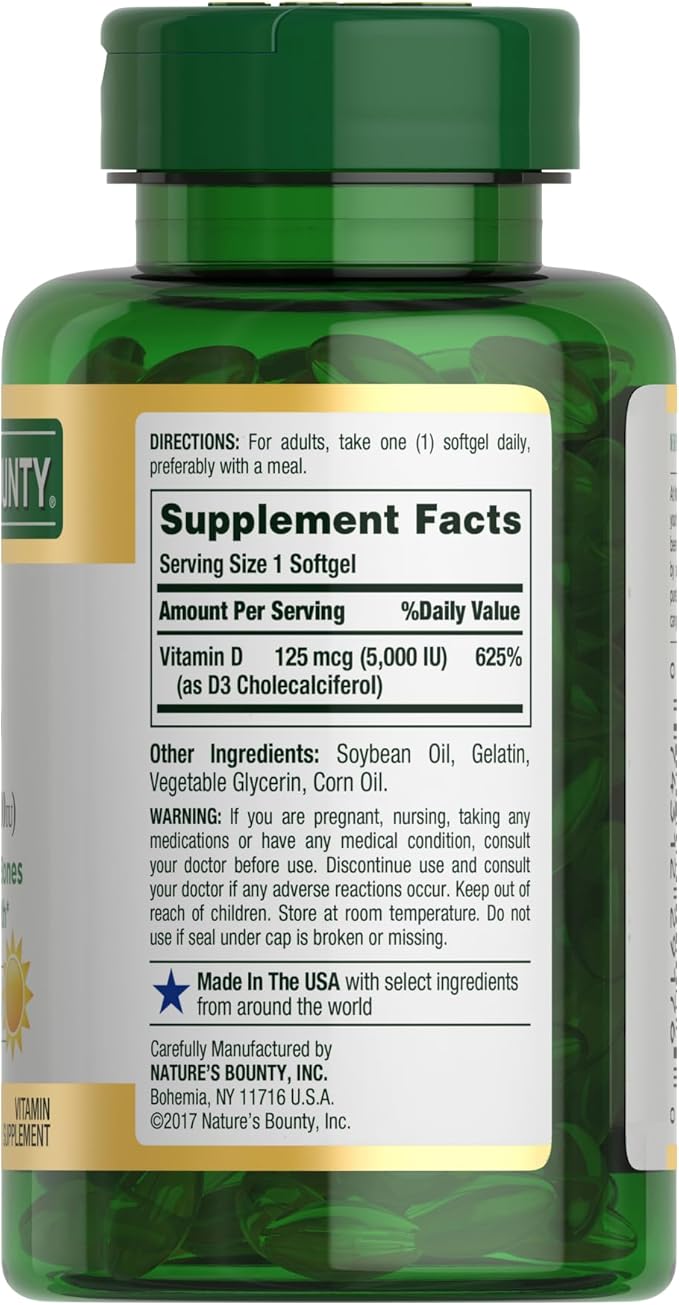Nature's Bounty Vitamin D3 5000 IU Softgels, Rapid Release, Immune Support, Vitamin D Supplements, 240 Ct