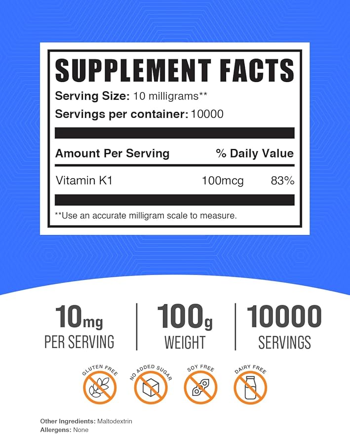 BulkSupplements.com Vitamin K1 Powder - 1%, Vitamin K Supplement, Vitamin K-1 100mcg - Gluten Free, 10mg per Serving, 100g (3.5 oz) (Pack of 1)