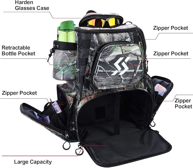 Sougayilang Fishing Tackle Backpack Waterproof Tackle Bag Storage with 4 Trays Tackle Box and Protective Rain Cover for Camping Hiking - Camouflage
