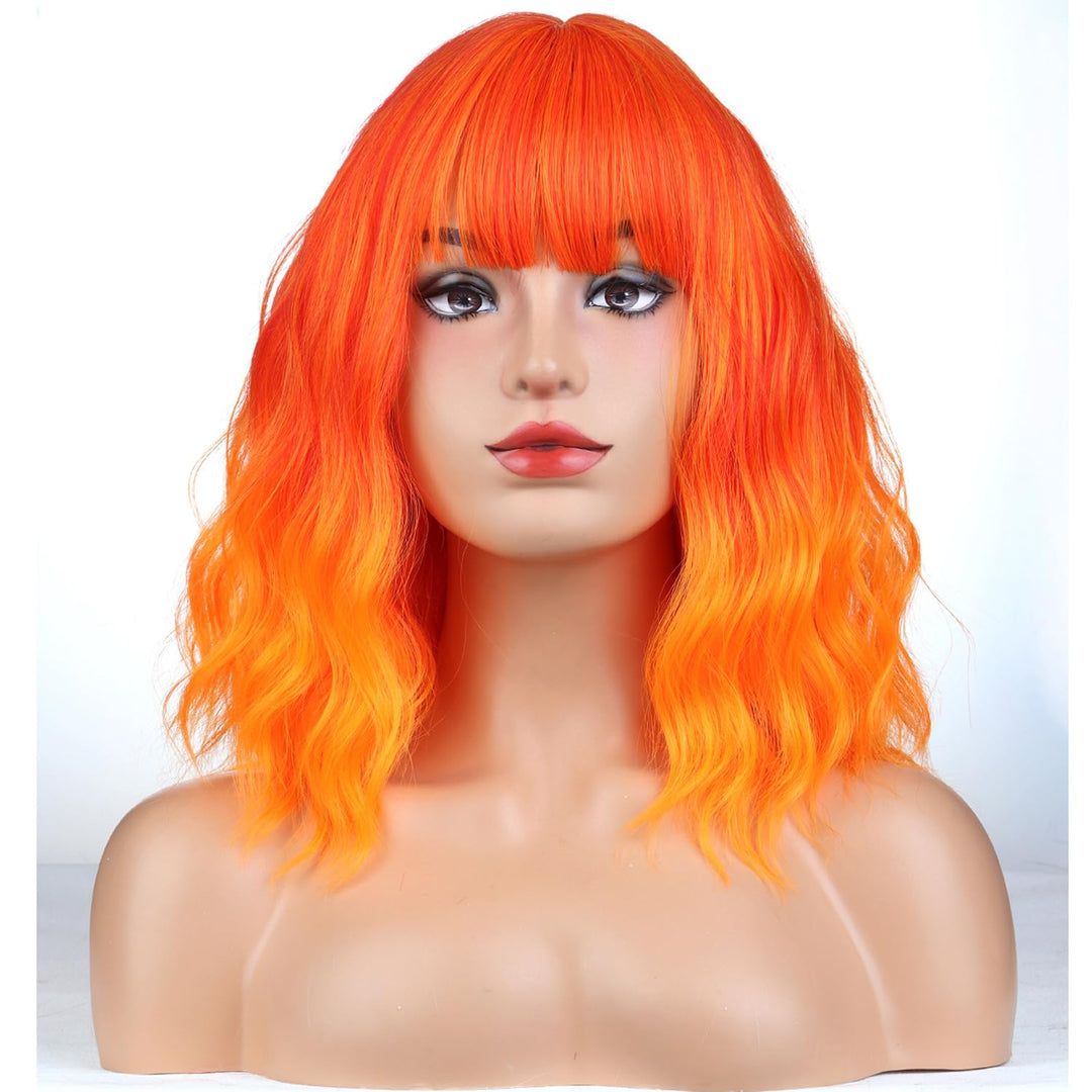 MAGQOO Orange Wig Orange Ombre Flame Fire Wig with Bang Women Girls Short Curly Wavy Neon Orange Hair Wig Synthetic Cosplay Costume Wigs(Orange Ombre)