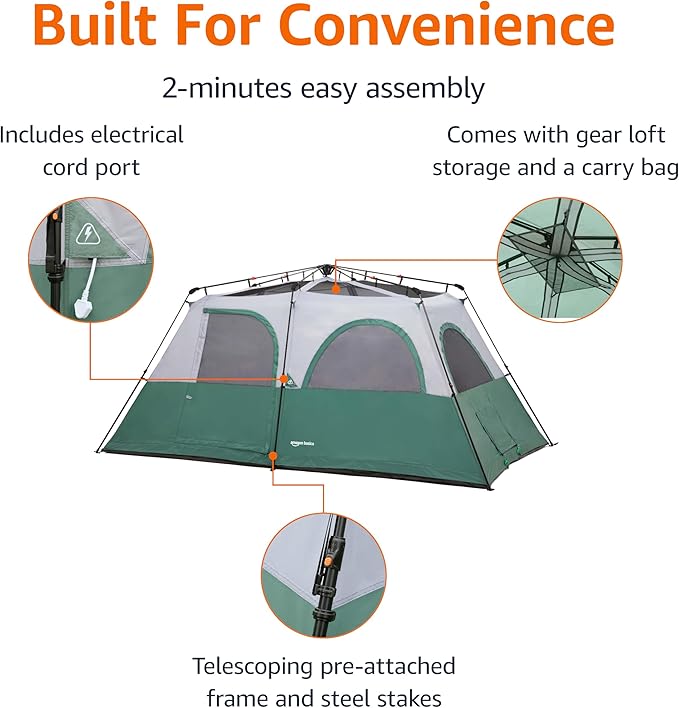 Amazon Basics Instant Camping Tent with Rainfly, Weather-Resistant, Quick Setup