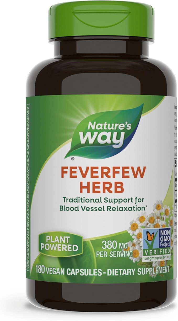 Nature's Way Feverfew Herb, Traditional Support for Blood Vessel Relaxation*, 380 mg per Serving, Non-GMO Project Verified, 180 Vegan Capsules (Packaging May Vary)