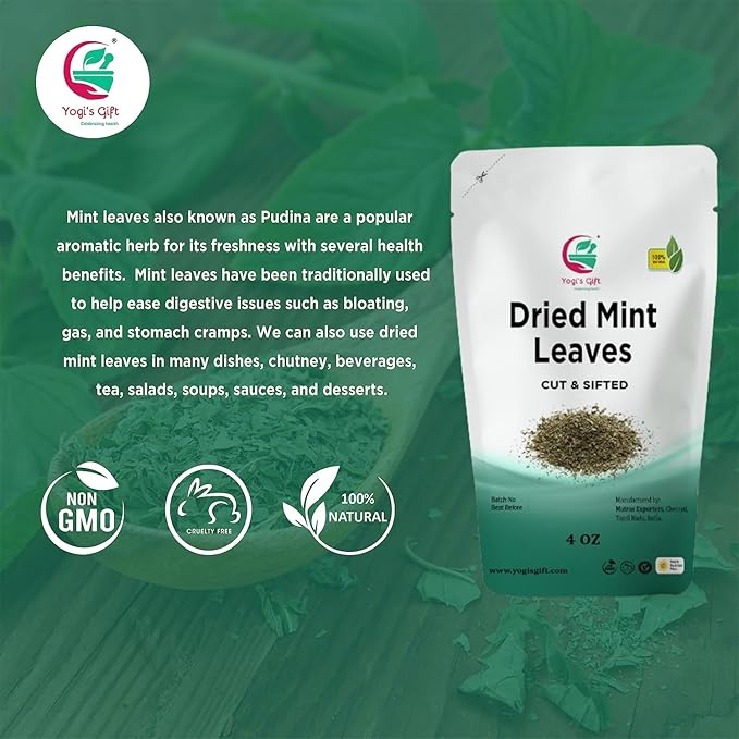 Dried Mint Leaves 4 oz | Peppermint Leaves For Tea & Savoury | Non-GMO, Ethically Sourced, Cut & Sifted | Bulk Tea Loose Leaf - Yogi’s Gift®