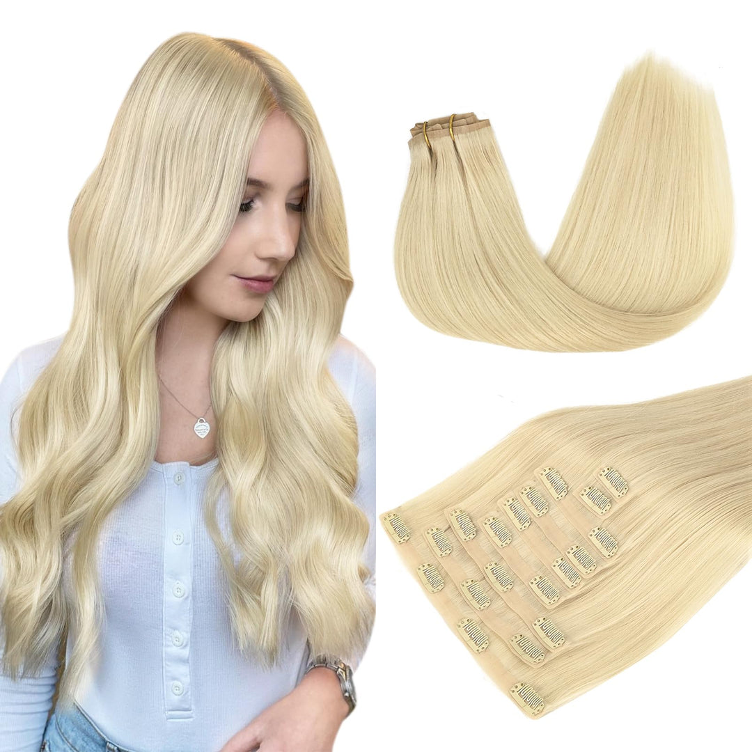 Doores Hair Extensions Real Human Hair, Bleach Blonde 130G 9Pcs 14 Inch, Seamless Clip In Hair Extensions Remy Human Hair Clip I