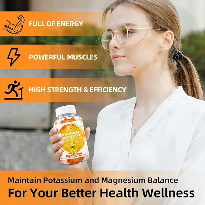 Potassium Gummies for Adults, Potassium Magnesium Supplement for Leg Cramps & Immune Health, Sugar-Free, Vegan Orange Flavors-120 Count