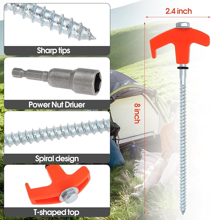 8" Screw in Tent Stakes 8Pcs - Ground Anchors Screw in, Screw in Tent Stakes Heavy Duty, Tent Pegs Camping Stakes,Pegs Camping Stakes, Tent Stakes for Outdoor Camping (8)