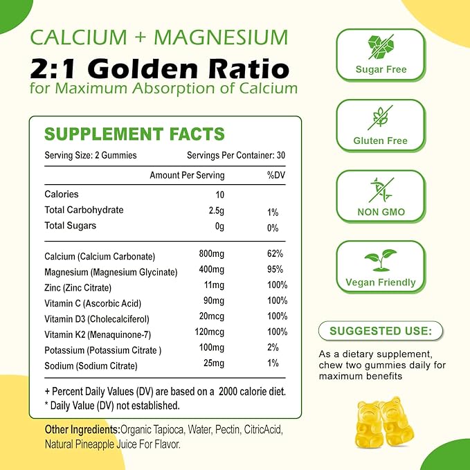 High Absorption Calcium Gummies, Sugar Free Calcium Magnesium Gummies with Vitamin D3 for Men and Women, Pineapple Flavor 60 Cts