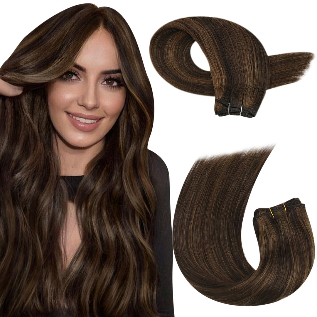Moresoo Weft Hair Extensions Human Hair Darkest Brown With Light Brown Double Weft Sew In Hair Extensions Human Hair Brown Highl