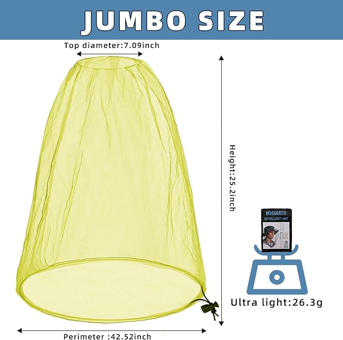 2 Pack Ultra Large Mosquito Net 42x25 Inches Mosquito Head Net Oversized Insect Netting Bug Fits Most Hats for Gardening Hiking Fishing Traveling(Yellow)