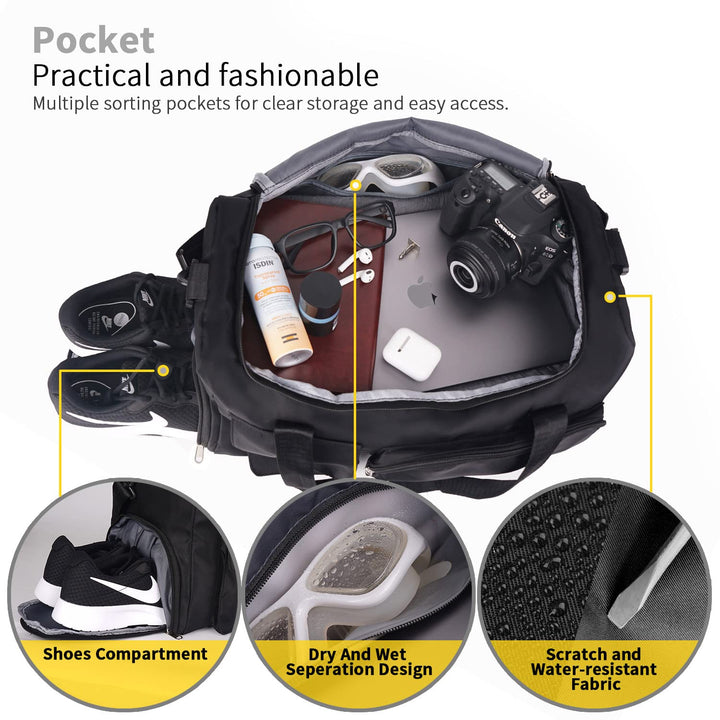FIORETTO Women's Men's Water-Resistant Gym Duffle Bag with Shoes Compartment, 37L Capacity, Multi-Functional, Ideal for Travel, Gym, Sports, Weekender, Black