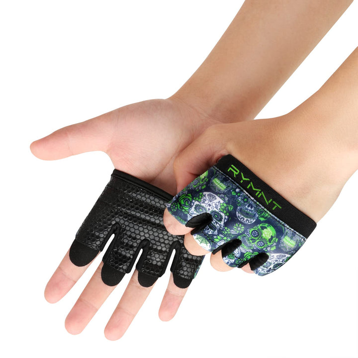 RYMNT Minimal Workout Gloves,Short Micro Weight Lifting Gloves Grip Pads with Full Palm Protection & Extra Grip for Men Women Weightlifting,Gym,Cross Training,Powerlifting,WODs.Skull Green.Small