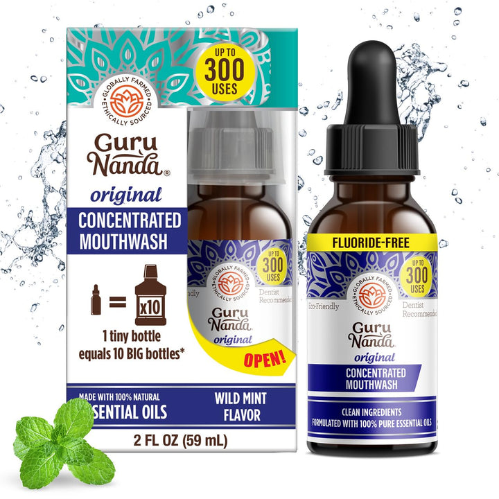 GuruNanda Concentrated Mouthwash (2 fl oz), Fluoride-Free, Mint Mouthwash with Natural Essential Oils, Supports 300 Rinses, Aids in Fresh Breath
