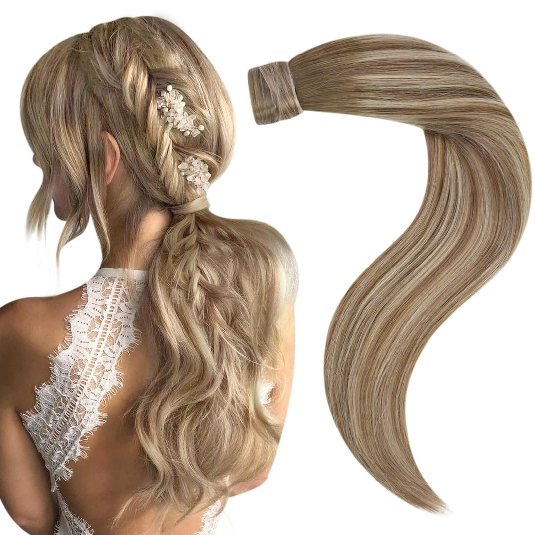 Easyouth Ponytail Extension Human Hair Breathable Ponytail Hair Extensions Darker Brown Fading To Light Brown With Blonde Pony T