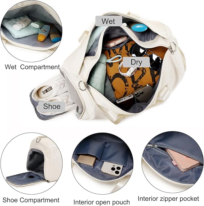 Dance Bag for Girls Ballet Bag Gym Bag Sports Travel Duffle Overnight Weekender Bag Water Resistant Yoga Bags with Shoes Compartment Beige